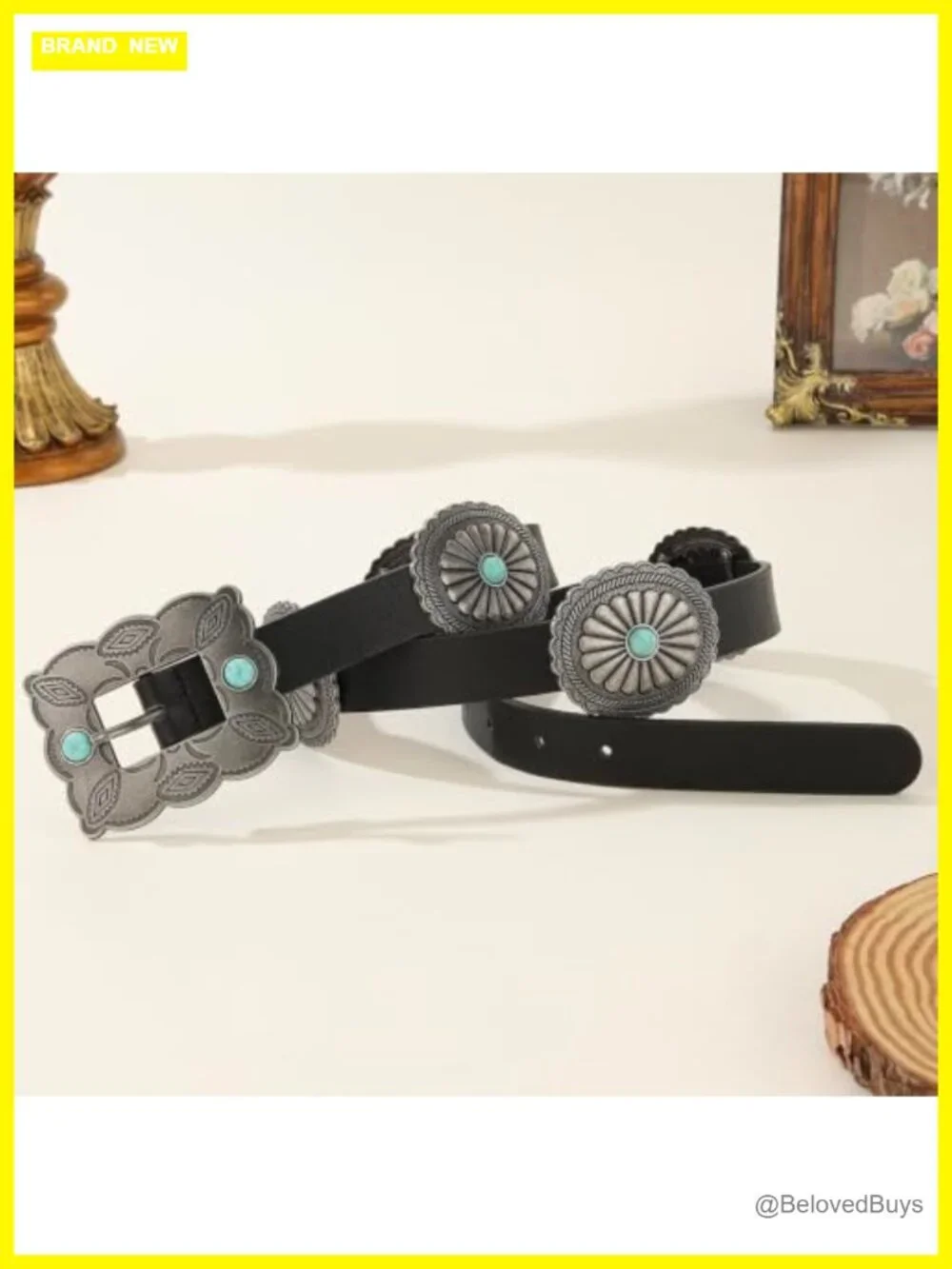 Women's Western Belt with Turquoise Concho Buckle Faux Leather Adjustable